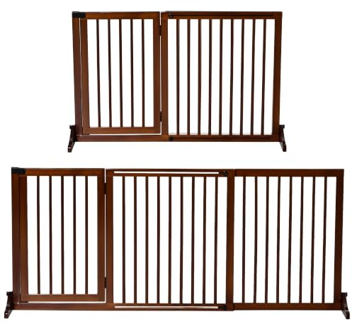 PawHut Absperrgitter Hund Freistehend Verstellbar 113-166 x 71 cm Braun | Schutzgitter mit Füßen, Treppentürgitter Holz, Hundeabsperrgitter, für Treppen Türen Küche Flur, 3 Paneelen
