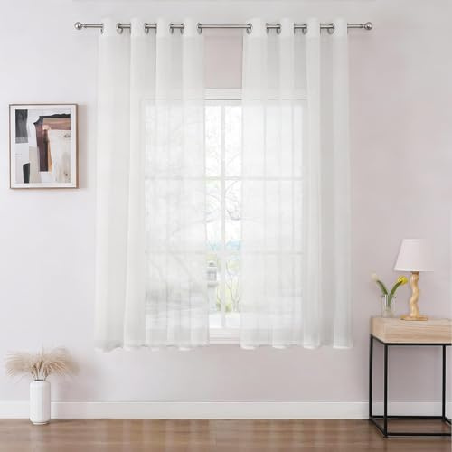 Joydeco Gardinen mit Ösen Transparente 2er Set, Optik Gardine Voile Ösenvorhang Ösenschal Durchsichtig Vorhang Kurz für Schlafzimmer Wohnzimmer Schlaufenschal (Weiß, 2xH145xB140)
