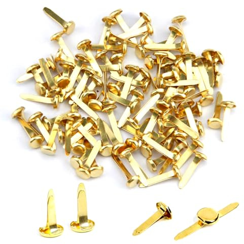 JDXun 100 Stück Mini Brads (8x16mm) Musterbeutelklammern Rundkopfklammern | Verschlussklammern Scrapbooking Musterklammern Metall für Basteln, Verzierungen und DIY (Golden)