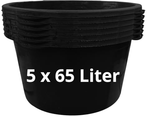 Mörtelkästen 65-90 Liter | Mörtelkübel rund oder eckig | Kunstoff-Wannen in Markenqualität | Pflanzkübel für Hochbeet (5 x 65l rund)