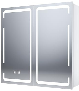 SONNI Spiegelschrank mit Beleuchtung 3 Lichtfarbe Einstellbar und Beschlagfrei 2 Türiger Spiegelschrank mit Kabelloses Scharnier Design und Steckdose 58x60 cm weiß