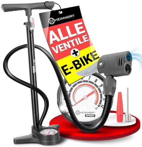 HEIMWERT Premium Fahrrad Luftpumpe für alle Ventile, hochpräzises Manometer, komfortable 12 bar Universal Standpumpe Fahrrad – Luftpumpe Fahrrad für maximale Zuverlässigkeit - Bike Pump (schwarz)