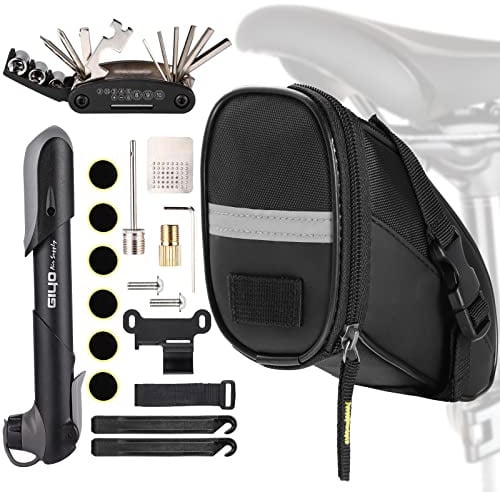 Fahrrad Satteltasche Reparatur Set und Werkzeuge - Unterwegs Fahhradtasche und Notfallwerkzeug Flickzeug mit 16-in-1 Fahrrad Multitools, Fahrradpumpe, Reifenheber, Leimfreie Reifen,Fahrradventil