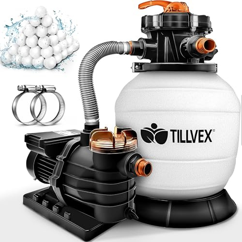 tillvex® Sandfilteranlage Pool 10 m³/h + 800g Filterbälle & 7-Wege Ventil | Filteranlage mit 2in1 Adapter Ø32 - 38mm | Sandfilter Poolfilteranlage Selbstansaugend | Poolfilter mit Druckanzeige & Pumpe