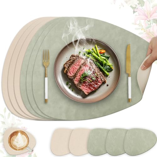 HELI MIAO 6er Set Tischset aus Leder-Imitat，Platzsets abwaschbar und wasserdicht，Platzdeckchen Lederoptik mit Untersetzer,Tischuntersetzer Doppelseitigen rutschfest(Oval,Hellgrün+Beige)