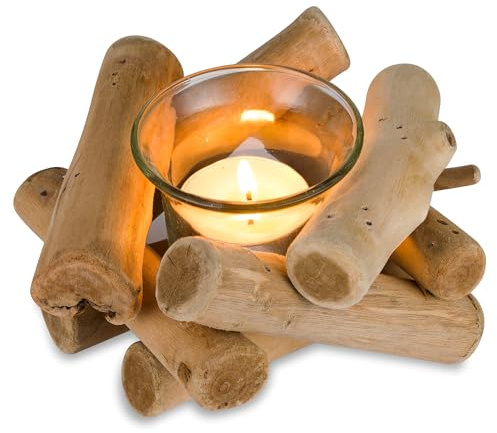 Sziqiqi Rustikale Kerzenständer Teelichthalter Holz, mit Glas | Vintage Kerzenhalter Windlicht, für Teelicht, für Treibholz Deko, Tischdeko, Wohnzimmer, Weihnachten, Esstisch, Schlafzimmer