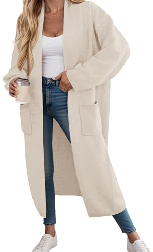 Fisoew Strickjacke Damen Lang Cardigan Langarm Oversized Strickmantel Open Front Sweater Jacke mit Taschen.