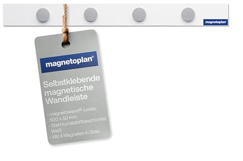 magnetoplan magnetowand-Leiste, Weiß | Magnetleiste mit 4 Magneten | Selbstklebende Bilderleiste für Notizen, Dokumente und Fotos | BxH 500x50mm