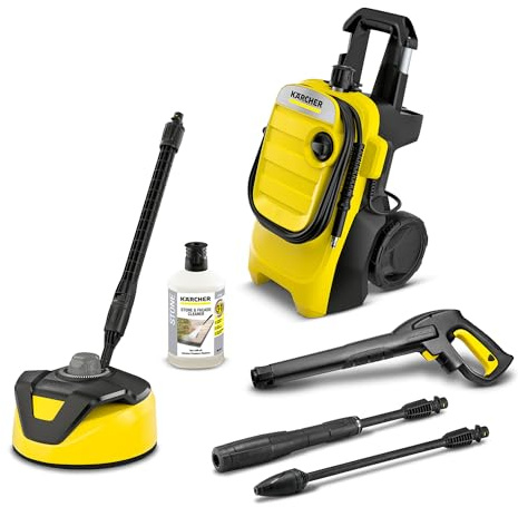 Kärcher Hochdruckreiniger K 4 Compact Home, Druck: max. 130 bar, Durchfluss: 420 l/h, Flächenleistung: 30 m²/h, Wasserfilter, Gewicht: 11 kg, mit Flächenreiniger T 5, Stein- und Fassadenreiniger