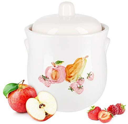 MamboCat Ruben Rumtopf 5l modern I weißes Porzellan Gefäß mit Deckel und Obstmotiv I Gurkentopf Mehrzwecktopf I Porzellantopf Vorratsbehälter für Rumtopf Früchte I Sauerkrauttopf Kimchi Gärtopf