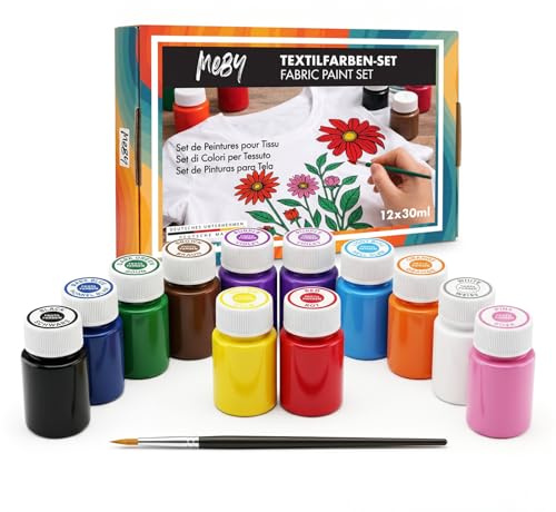MEBY Textilfarben – Stoffmalfarben Set mit Pinsel, Waschfeste & Leuchtende Textilfarben. Ideal für T-Shirts, Taschen & Stoffe (12 Farben x 25 ml)