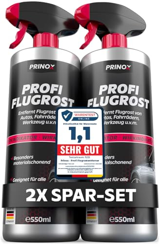 Prinox Profi Flugrostentferner Spray 2 x 550ml - Entfernt hartnäckigen Flugrost & Industriestaub - Lackreiniger für Autolack & Felgen mit hoher Reinigungsleistung zum Entfernen von Flugrost