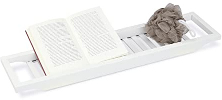 Relaxdays Badewannenablage aus Bambus, Badewannenbrett, Tablett für Badewanne, HxBxT: 4 x 65 x 15 cm, weiß lackiert