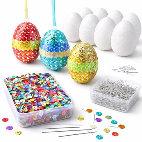 Styroporeier Ostern Basteln Set mit 10x Styropor Eier 6 cm & Bunte Pailetten & 1000 STK. Stecknadeln Ostereier zum Basteln & Dekoration