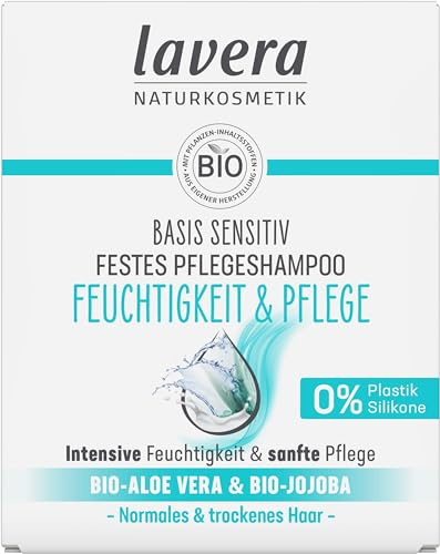 lavera Festes Pflegeshampoo basis sensitiv Feuchtigkeit & Pflege - ohne Silikone - Langanhaltende Frische & ausgewogene Kopfhaut - vegan - Naturkosmetik - 50 g