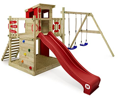 WICKEY Spielturm Klettergerüst Smart Camp mit Schaukel & Rutsche | Outdoor Kinder Kletterturm, mit Sandkasten, Leiter & Spiel-Zubehör, für den Garten, rote Rutsche