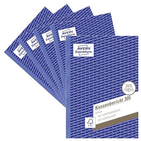 AVERY Zweckform 305-5 Kassenbericht (A5, 50 Blatt, mikroperforiert, retrograde Ermittlung der Tageseinnahmen, von Rechtsexperten geprüft, für DE/AT, zur ordnungsgemäßen Buchführung) 5er-Pack, weiß