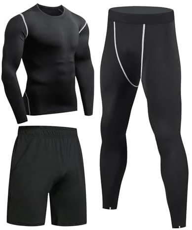 Niksa Sportbekleidung Herren Fitness Bekleidung Trainingsanzug 3pcs Set Fit elastische Sportwear Fitness Kompressionsshirt Langarmshirt Sporthose Leggings (Größe XL Bust =96, Long Sleeve(163515)*D)
