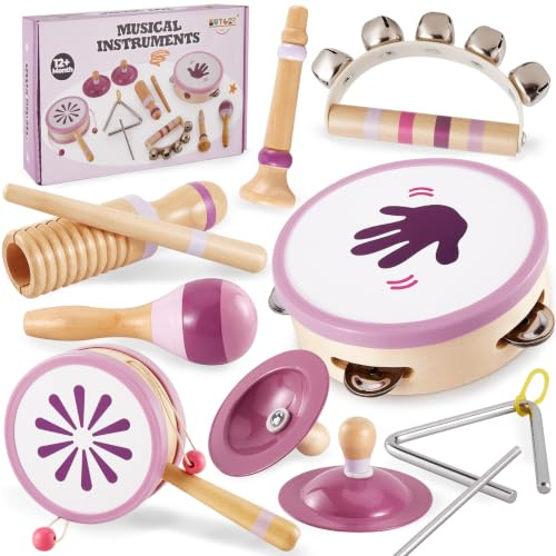 BUYGER Baby Musikinstrumente, Montessori Spielzeug, 1 jahr Mädchen Geschenk | Holz Percussion Instrumente, Musikinstrumente mit Tamburin, Becken, Holzspielzeug Geschenke für Kinder ab 1 2 3 Jahre