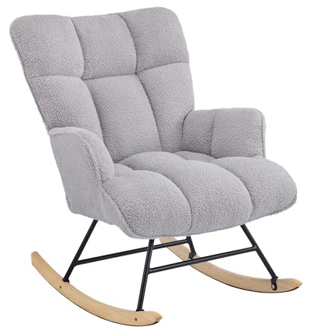 Aunekiv Schaukelstuhl, Stillsessel Schaukelsessel, Teddystoff Gepolsterter Schwingsessel Lesesessel Relaxstuhl Sessel mit Holzkufen, Armlehne, für Wohnzimmer, Schlafzimmer, Babyzimmer, Grau
