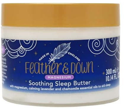 Feather & Down Wohltuende Magnesium-Schlafbutter (300ml) – mit Magnesium sowie beruhigendem ätherischen Lavendel- und Kamillenöl, um das Einschlafen zu fördern. Ohne Tierversuche. Vegan.