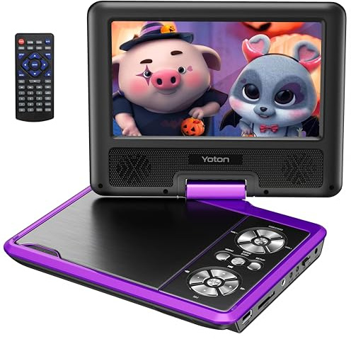 Yoton 9,5" Tragbarer DVD-Player für Kinder im Auto mit 7,5" HD-Schwenk Bildschirm, Stereo-Lautsprechern, 6 Stunden Akkulaufzeit, Sync-TV/USB/SD-Karten-Unterstützung, Lila [Kein Blu-ray Support]
