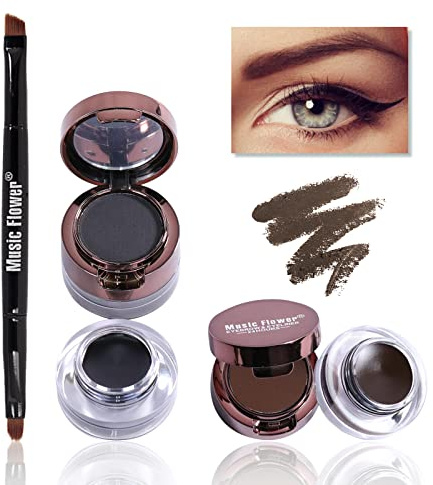 Music Flower Eyeliner & Augenbrauenpuder 4 In 1 Set, Wasserfest Schwarz Braun Wischfestes, Langlebiges Gel Eyeliner Augen make-up mit Pinselspiegel, 0,49 Unzen, 2er Pack