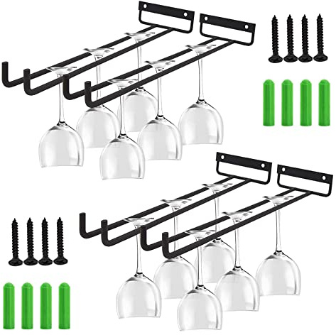 Lostwry Weinglashalter, 4 Stück Gläserhalter zum Aufhängen Metall Weingläser Halterung Gläserschiene Halter Unter Schrank Hängendes Weinglasregal für Küche Bar Restaurant 30cm, Schwarz