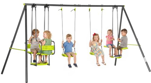 Outsunny Schaukel A-Rahmen Metall Doppelsitze 3-8 Jahre Grün | 2 Einzelschaukeln, Schaukelbrett, Außenspielplatz