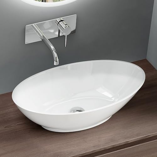 Mai & Mai Waschbecken Oval 60x36x14cm Aufsatzwaschbecken in Weiß glänzend | Waschschale Waschtisch aus Mineralguss ohne Hahnloch und Überlauf Colossum807