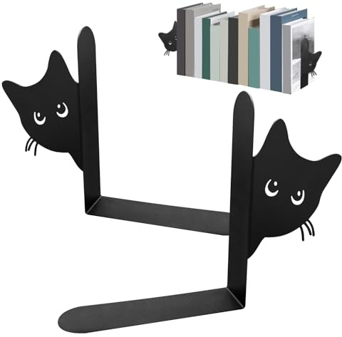 Buchstützen aus Metall, 2er-Pack Katzen Bücherstützen, Stabile Bücherhalter für Regal, Homeoffice, Schwarz