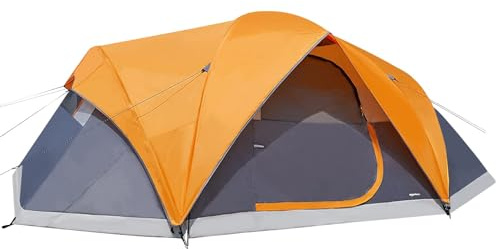 Amazon Basics Kuppelzelt für Camping mit Regenschutz und Tragetasche, wasserdichtes 3-Jahreszeiten-Zelt, einfach aufzubauen, 8 Personen, Orange/Grau