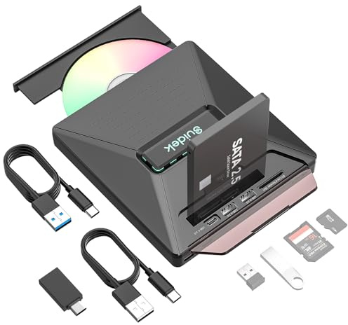 SUIDEK Externes CD DVD Laufwerk, tragbarer CD DVD Treiber +/-RW-Brenner mit 2,5 SATA, SD-Kartenleser und USB A Typ-C-2.0 Hub, kompatibel mit Laptop PC
