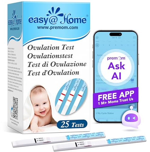 Easy@Home Kinderwunsch 25 x Ovulationstest Fruchtbarkeitstests für Eisprung – Unterstützt durch die kostenlose Premom Ovulation APP, 25LH Tests (25LH)