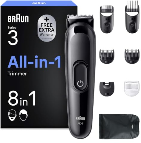 Braun Multigroom All-in-One Series 3, 8-in-1 Trimmer, AIO3545, Schwarz | Barttrimmer, Haarschneider, Haarschneidemaschine für Gesicht Und Kopf, 14 Längen, 50 Min. Akku