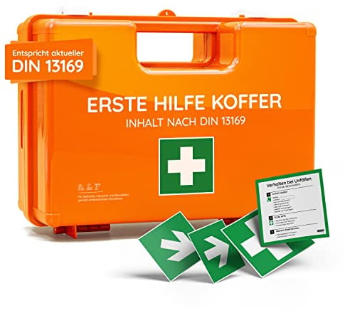 FLEXEO Erste Hilfe Koffer DIN 13169 | Inkl. Wandhalterung, Plombe, Stickern | Erste Hilfe Kasten/Verbandkasten für Betriebe, Unternehmen, Gewerbe, Baustellen