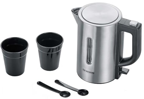 SEVERIN Reise-Wasserkocher-Set, Mini-Reisewasserkocher für 0,5 L, elektrischer Wasserkocher mit 2 Kunststofftassen & 2 Löffeln, Edelstahl-gebürstet/schwarz, WK 3647
