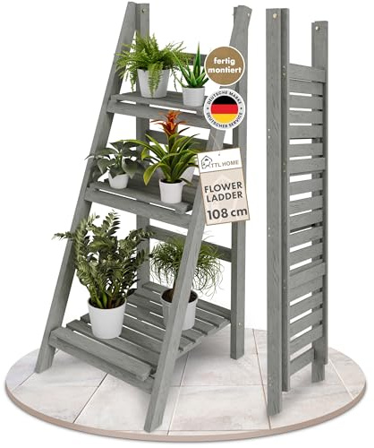 TTL HOME Blumenleiter 108cm Flower Ladder M 108x41x40cm hellgrau 3-Stufen | - Holz Leiterregal Blumentreppe Blumenregal Pflanzentreppe Kräuterregal für innen & draußen Balkon Terrasse Outdoor klappbar