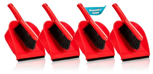 BigDean 4X Kehrschaufel Set in Rot Handfeger & Schaufel stabilen Borsten | Kehrblech aus hochwertigem Kunststoff – Haushalts Besen Kehrset – Made in Europa