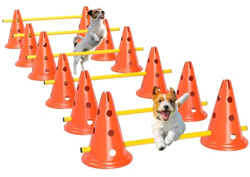 PawHut Agility Set Hunde, 6-teiliges Agility Ausrüstung mit 12 Kegel 6 höhenverstellbar Hürden Tragetasche Trainingszubehör, Trainingsset für Hundetraining