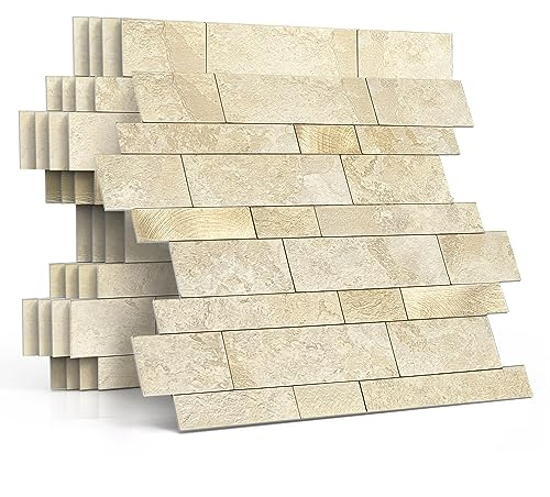 M MOFIT 3d Selbstklebende Wandfliesen Küche,Matte Marmor Mosaikfliesen Selbstklebend Steinoptik Metro Fliesen Ziegel Wandaufkleber Bad Wasserdichte(10 Matten,Beige）