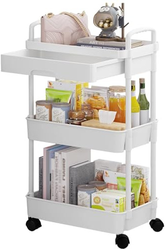 DUOJIN 3 Etagen Rolling Utility Organizer Rack mit Griff, Multifunktional Lagerwagen mit Netzkörbe und Abschließbare Räder für Badezimmer Küche Büro Klassenzimmer (Weiß)