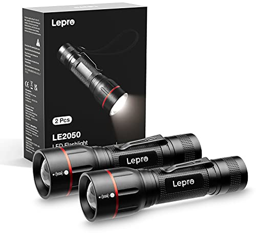 Lepro LED Taschenlampe, LE2050 Extrem Hell, mit Clip, Zoombare Handlampe mit 5 Modi, Wasserdichte Flashlight für Camping, Outdoor, Wandern, Angeln, Geschenk, 2 Stück