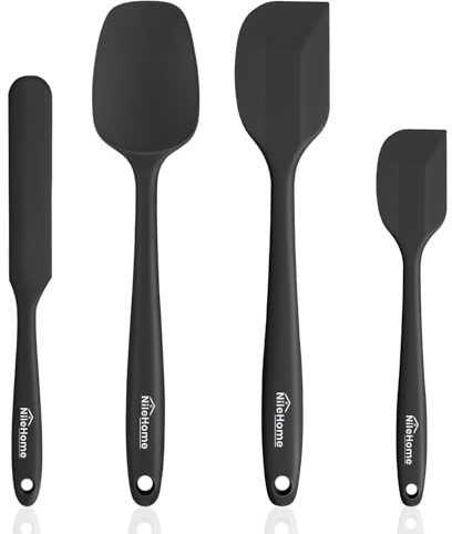 NileHome Silikon Spatel Set, Hochhitzebeständiges Premium BPA-freies einteiliges nahtloses Design, Antihaftgummi mit 18/8 Edelstahlkern, Koch-/Backgeschirr Set von 4, Schwarz