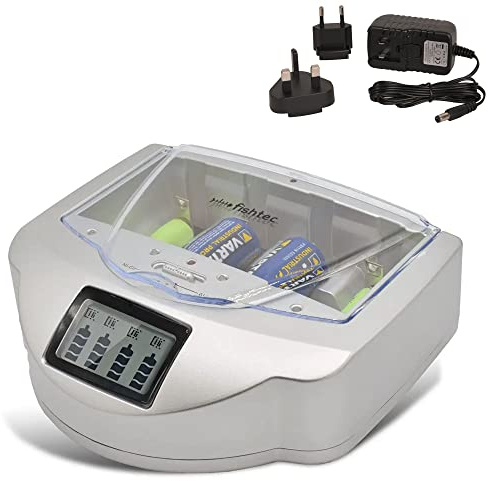FISHTEC Universal-Batterieladegerät - Alkaline-Regenerator für AA AAA C D 9V Akkus mit LCD-Display und Schnellladefunktion - Zentrale Energieversorgung für Haushalt und Büro