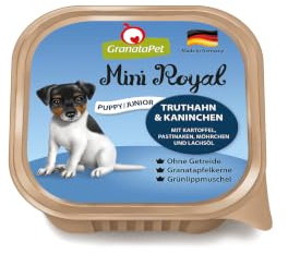 GranataPet Mini Royal Truthahn & Kaninchen Junior, 11 x 150g | Alleinfuttermittel, Getreidefrei, Ohne Zuckerzusatz, Lachsöl & Grünlippmuschel, Für kleine Hunderassen, Made in Germany