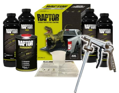 U-POL RAPTOR 2K Lack-Set Schwarz 3,79 Liter inklusive Härter I Extrem langlebige schützende und kratzfeste Beschichtung I Strukturfarbe inklusive Spritzpistole I Deckt über 12 m² ab