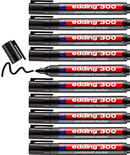 edding 300 Permanentmarker - Schwarz - 10 Stifte - Rundspitze 1,5-3 mm - Wasserfest, Schnell-trocknend - Wischfest - für Karton, Kunststoff, Holz, Metall, Glas (01: 10 Stifte - Schwarz)