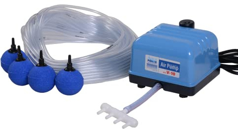 AquaForte Hi-Flow V-10 Luftpumpenset, Komplettset mit Luftverteilern, 25 m Schlauch 4 x 6 mm und 4 Luftsteine 5 cm, Kapazität bei 1,2 Meter 4 Liter pro Minute, Maximaler Teich 6 m3