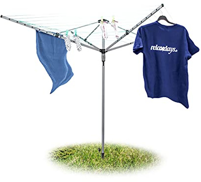Relaxdays Wäschespinne 49 m H x B x T: ca. 184 x 242 x 242 cm Wäscheständer mit reißfester Leine mit 4 Seiten und stabilem Stand durch Erdspieß und Bodenhülse für den Hinterhof und Garten, silber